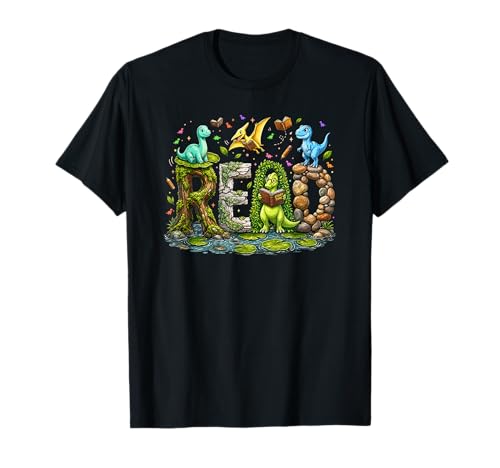 Funny Reading Dinosaur T rex Dino Book Lover Boy Kids T-Shirt
