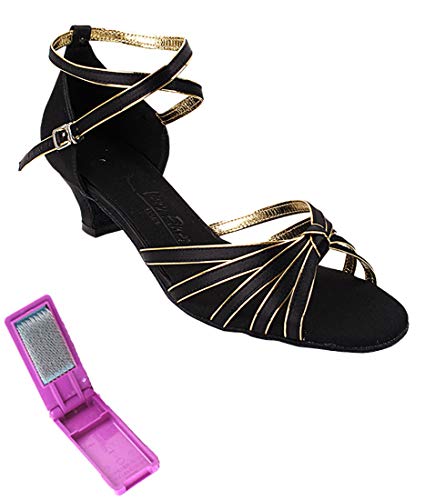 Very Fine Dance Shoes - Ladies Practice, Cuban Low Heel Ballroom Dance Shoes - SERA7043-1.2-inch Heel and Foldable Brush Bundle - Black Satin - Gold Trim - 8.5