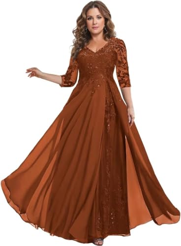 3/4 Sleeve Plus Size Mother of The Bride Dresses for Wedding Long Chiffon Lace V Neck Sequin Evening Formal Dress PU176