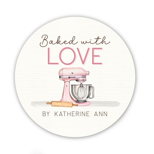 Baked with Love Stickers - 2” Round Personalized Labels with Pink Electric Mixer and Rolling Pin - Custom Bakery Business Stickers - Kitchen Homemade Baking Labels