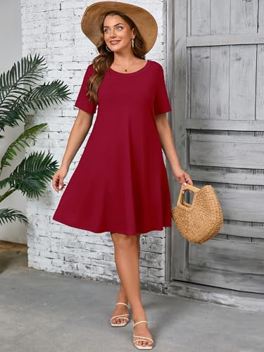Image of AusLook Plus Size Midi Dress for Women Casual Summer Short Sleeve A Line Swing Dress with Pocket Round Neck Flowy Dress 1X-5X