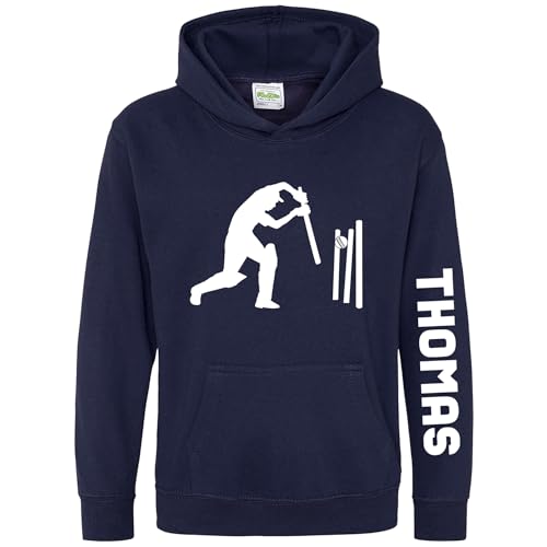 Purple Print House Personalised Cricket Player Hoodie For Boys Custom Name Cricketers Hooded Jumper Wicketkeeper Top, 12-13 Years, Navy