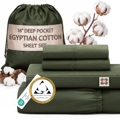Image of Bedsure PureWoven 100% Giza Egyptian Cotton King Sheets, CEA & BV Certified | 18 inch Deep Pocket Sateen Sheets with Corner Straps, Durable & All-Season Breathable, Hotel Luxury, Oeko-Tex, Olive Green