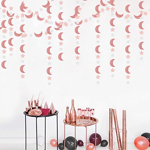 Image of Pink Rose-Gold Moon-Star Party-Decorations Garland - 52Ft Twinkle Little Star Hanging Decoration Streamers Banner, Eid Ramadan Mubarak Decoration Birthday Wedding Baby Shower Party Decor Panduola
