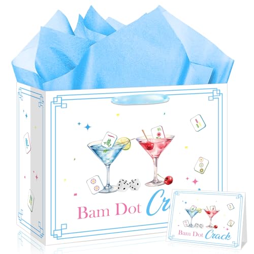 TagreSpike Mahjong Gift Bag Mah-jong Wrapping Paper Bag with Tissue Paper Greeting Card White Blue Cocktail Party Favor Decoration Mahjong Gifts for Women Men Game Night Birthday Baby Shower Supplies