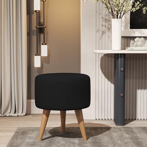 Puff Redondo Banqueta Estofada Decorativa Pé Palito (Suede Preto)