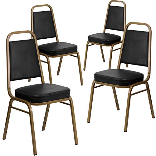Flash Furniture 4 Pack HERCULES Series Trapezoidal Back Stacking Banquet Chair in Black Vinyl - Gold Frame