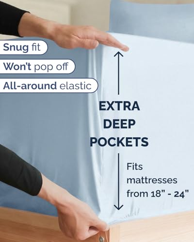 Image of Extra Deep Twin XL Sheet Set - 4 Piece Breathable Cooling Sheets - Sky Blue | Hotel Luxury Bed Sheets Set, Easy & Secure Fit, Ultra-Soft, Wrinkle & Fade Free, Comfy Sheets Set with Extra Deep Pockets