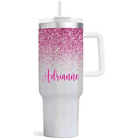 Personalized 40oz Tumbler With Handle | Stainless Steel Insulated Tumbler | Travel Cup | Double Wall Coffee Cup for Hot and Cold Drinks | Teal Glitter Effect with Name Cover