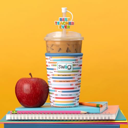 Swig Life Medium Iced Cup Coolie, Standard 22oz Iced Coffee Cup Insulator Sleeve with Handle, Neoprene Insulated Coolie Keeps Drinks Cold (Teacher Life)