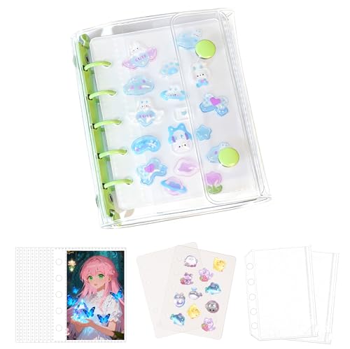 PAEUKUON シール帳 透明 M5サイズ ミニバインダー 【リフィル×10枚＋透明剥離紙 シール×10枚＋チャック付きポケット×2枚】 はがせる シール手帳 可愛い 女の子 文房具 デコ 手帳 コレクション ギフト プレゼント最適 (グリーン)