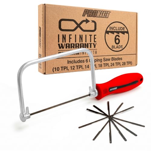 PROMAKER 6-1/2 Inch Coping Saw with 6 Pcs End Blades (10–28 TPI), Hand Coping Saw for Woodworking, Curved Cuts, Trim, Molding & Detail Work