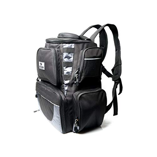 Mayhem Bait Co Fishing Bag Backpack With 4 Large 3700 Tackle Box Organizer Trays Included. Plus a BONUS 5 Bags of Premium Soft Plastic Baits & A Tube of Liquid Mayhem Fish Attractant Included.