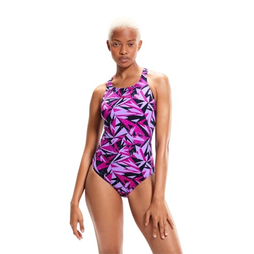 Speedo Women's Hyperboom Allover Medalist Swimsuit |Quick Drying | Fitness | Chlorine Resistant , True Navy/Berry/Miami Lilac, 36