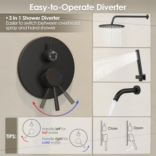 Image of Gabrylly Black Shower System with Tub Spout, Bathtub Shower Faucets Set with 3-Way Shower Valve, High Pressure 10 inch Rain Shower head with Handheld Spray Combo, Wall Mounted Tub Shower Kit, Matte Black