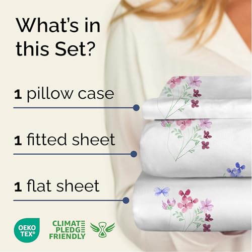 Image of Twin 4 Piece Boho Botanical Floral Sheet Set - Breathable & Cooling - Posy | 1 Flat, 1 Fitted & 2 Pillowcases w / Deep Pockets, Boho Botanical Floral Bedding, Breathable & Cooling, Wrinkle & Fade Free