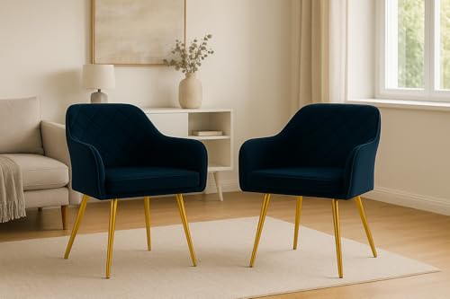 Image of Set of 2 Accent Chair for Living Room | Modern Armchair in Soft Velvet Fabric with Sturdy Legs | Premium Chair for Home Living Room Bedroom Restaurent | (Gold Legs, Blue Burfi Design)