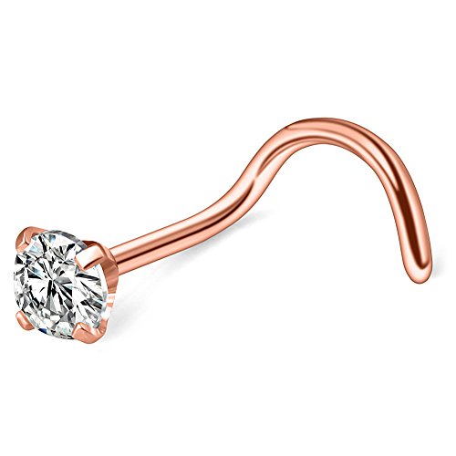 Ruifan 1PC 20G Surgical Steel Rose Gold Plated With Clear 3mm Diamond Cubic Zirconia Crystal Nose Twist Screw Ring Piercing Jewelry