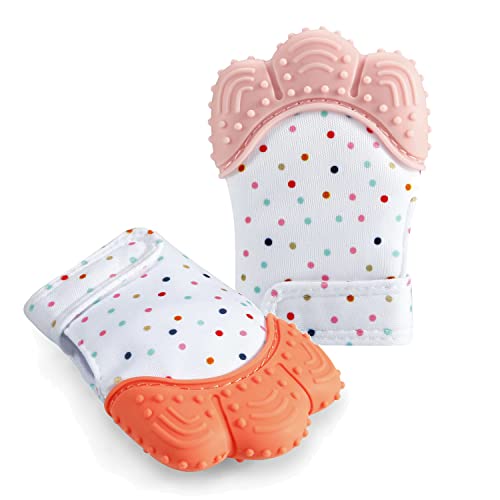 Image of PandaEar Soothing Teething Mitten 2 Pack, Pain Relief, Protection Glove, Stimulating Teether, 0-12 Months (Orange Pink)