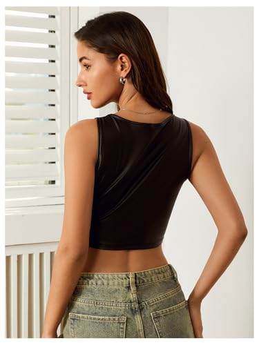 Floerns Women's Square Neck Asymmetrical Hem Sleeveless Shirts PU Leather Club Tank Top3