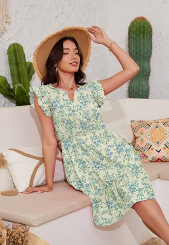 Image of Jayscreate Women's Ruffle Sleeve Layered Dress Pockets Elastic Waist 2025 V Neck Above Knee Summer Casual Cute Dress