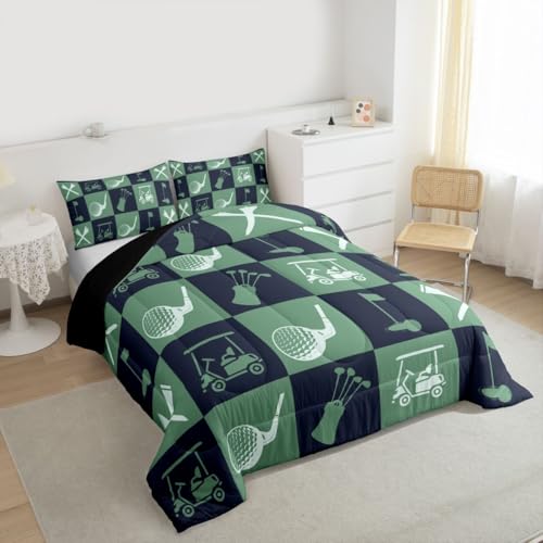 Image of Feelyou Golf Comforter Set Queen Size Navy Blue Green Plaid Buffalo Check Geometric Bedding Set for Kids Boys Girls Sports Theme Duvet Quilt Bedroom Decor Microfiber 3 Pcs with 2 Pillow Cases