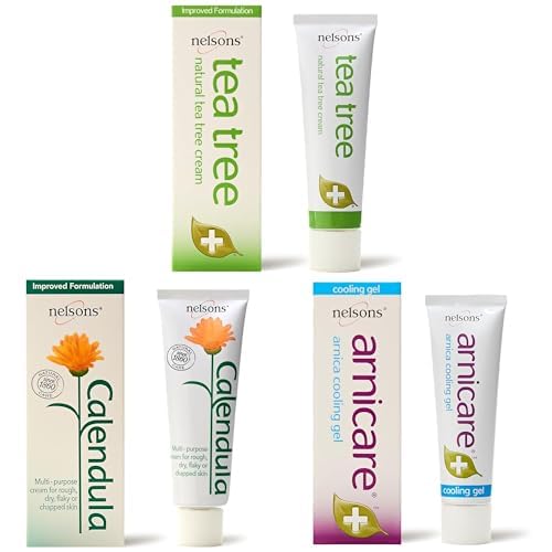 Nelsons Traditional Skincare Trio Bundle, Tea Tree Cream + Calendula Cream + Arnica Cooling Gel, Natural First Aid Cream Collection