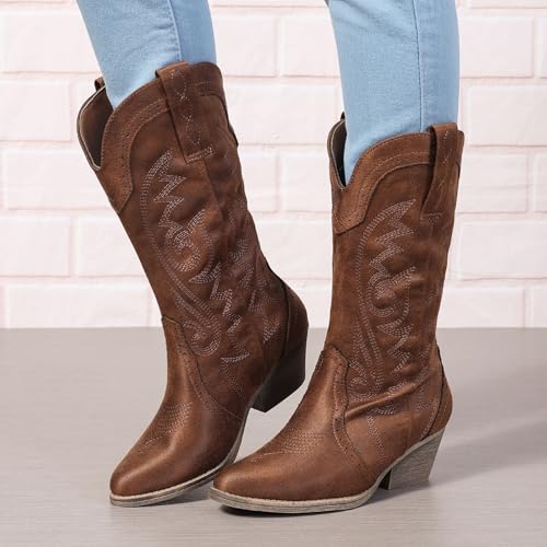 Women's Cowboy Boots Mid Calf Cowgirl Boots Embroidery Pointy Toe Women's Western Boots Chunky Heeled Wide Calf Boots US size 5-113