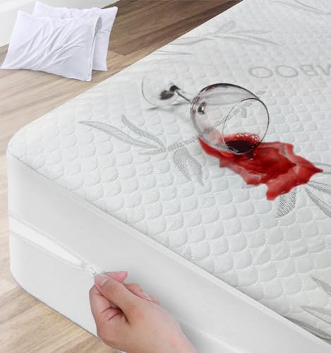 Bamboo Rayon Mattress Protector with Zipper + 2 Pillow Protectors - 100% Waterproof Cooling Full Size Cover - Ultra Soft Fabric Breathable Noiseless Mattress Pad Covers Zippered Encasement