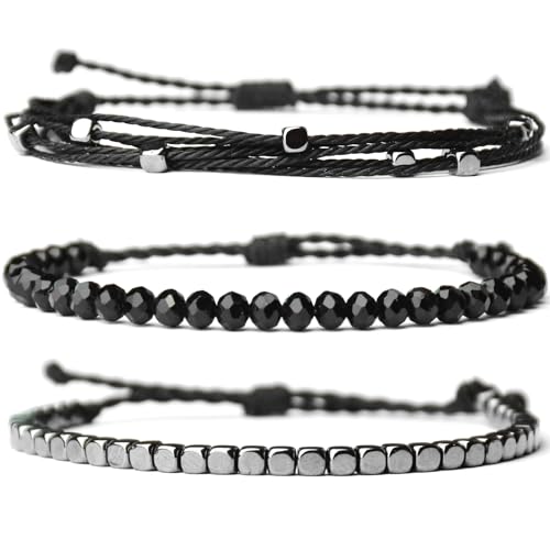 Mezcla Vida 3 Pcs Handmade Women's Stackable Bracelet Set, Adjustable Rope Bracelets Bracelets with Hematite and Glass Beads