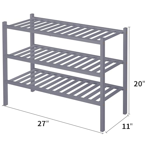 3 Tier Bamboo Shoe Rack for Closet Free Standing Wood Shoe Shelf Storage Organizer for Entryway Small Space Stackable 27"x11"x20" (Grey)