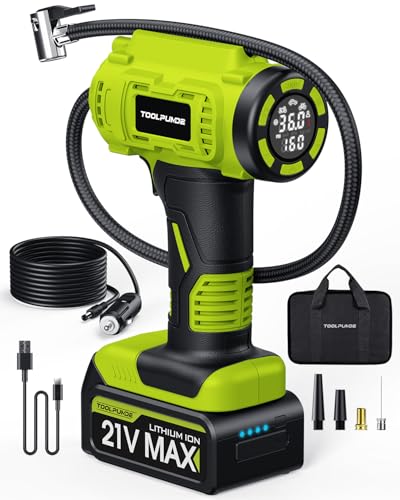 TOOLPUMDE Upgraded Tire Inflator Portable Air Compressor 5X Faster Inflation 21V Rechargeable Battery Powered Car Tire Pump w/12V DC Adapter Large LED HD Display Air Pump for Car Tires