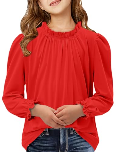 Yoklass Girls Puff Long Sleeve Shirts Casual Ruffle Neck Blouses Loose Dressy Tops 4-13 Years2