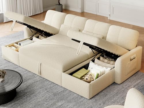 DWVO 105" Sectional Sofa Couch, 2 in 1 Sleeper Sofa Bed with Reversible Storage Chaise Pull Out Bed, U-Shape Sofa Bed for Living Room, Side Storage Pocket, Teddy Fleece, Beige