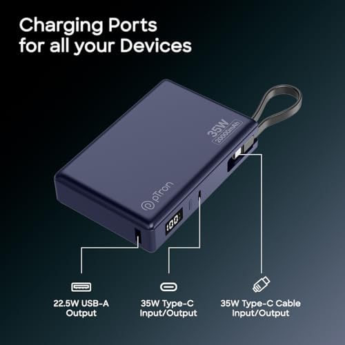 Image of pTron Dynamo Sprint 20000mAh 35W Super Fast Charging, USB Type-C Input Power Bank Compatible with QC3.0 /PD3.0, Built-in Charging Cable, 3 Charging Outputs, Type-C Input /Output Port (Indigo Blue)