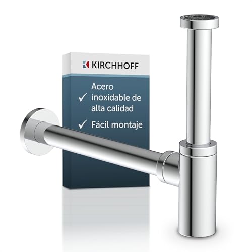 Kirchhoff Design sifón, desagüe, juego de desagüe para lavabo y lavabo, sifón de olores con abertura de limpieza, sifón para botellas, tubo de desagüe, 98166210, cromado