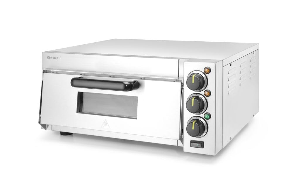 HENDI Horno profesional compacto para pizzas, horno eléctrico, para pizzas hasta diámetro 39cm, 50˚C~350˚C, 230V, 2000W, 580x560x(H)275mm, plateado, cuerpo de acero inoxidable AISI 430