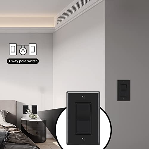 3 Way Decora Light Switch Black, Single Pole Paddle Rocker Residential Grade 3 Wires Grounding Screw Single Pole 15A 120V/277V Ul Listed Micmi (3Way, With Wallplates 10Pack) #TOP4