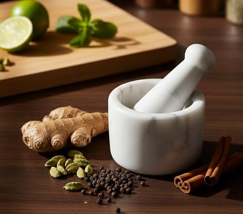 Image of KLEO 2.75 inch Diameter White Marble Stone Mortar and Pestle Set Spice, Medicine Pills Grinder Masher - SMALL SIZE