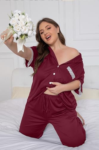 Image of Vozanet Women Short Sleeve Long Pants Pajama Sets Lace Trim Button Down Sleepwear Plus Size Knit Loungewear Sexy Nighty