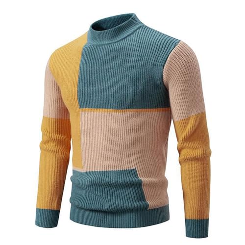 Men Sweaters Fall Winter Fashion Color Block Long Sleeve Round-Neck Sweater Ribbed Knit Long Sleeves Pullover Tops