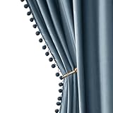 MIULEE Blue Pom Pom Velvet Curtains for Kids Bedroom/Living Room Darkening Thermal Insulating 84 Inches Long Blackout Curtains with Rod Pocket for Boy Room/Nursery/Home Theater Set of 2 Slate Blue