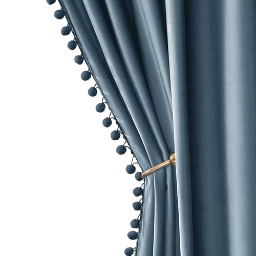 MIULEE Blue Pom Pom Velvet Curtains for Kids Bedroom/Living Room