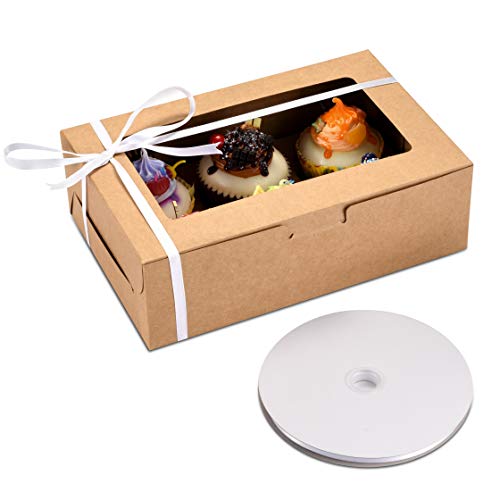 30-Set Brown Cupcake Boxes with Inserts and Window Hold 6 Cupcakes, Food Grade Kraft Bakery Cake Boxes Pastry Holder with Ribbon for Cookie, Mini Cake, Muffins(9.4 x 6.3 x 3 Inch)