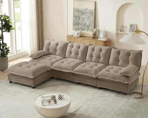 Image of 139 inch Sectional Sleeper Sofa with Ottoman, L Shaped Modular Deep Seat Couches for Living Room Apartment, Flexible Module Combination Cloud Sofa with Spring Support, Easy Assembly, Coffee