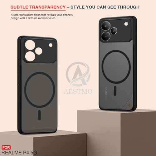 Image of AESTMO Realme P4 5G Back Cover | 360 Protection | Matte Frosted Hard Back Translucent | Compatible with MagSafe Accessories (MagSafe Matte Hard Black Bumber)