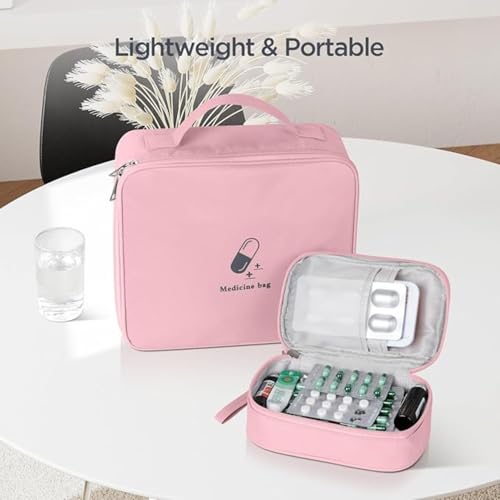Image of FunBlast Travel First Aid Bag - Medical Portable Medicine Storage Bag, Waterproof Pill Organizer with Mesh Pocket, Zippered Medicines Bag for School, Travel, Camping (Pink)