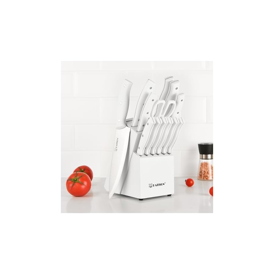 15-Piece White Kitchen Knife Set with Built-in Sharpening Stone, Ergonomic Triple Rivet Fixed Handles, Dishwasher Safe