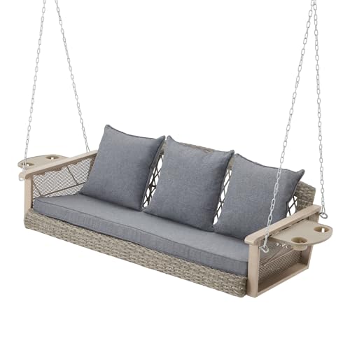 Image of HOMREST 3-Person Wicker Porch Swing with Upgraded Cup Holder, 56 Inch Patio Hanging Swing Bench Chair with Cushions, Outdoor Swing 900lbs Capacity Chains for Deck Garden Backyard (Gray)