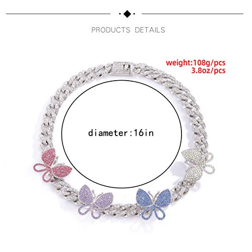 Nanafast Cuban Link Chain Necklace For Women Rhinestone Inlaid Hip Hop Butterfly Choker Necklace For Women Girls-A-Silver+Multicolor #TOP2
